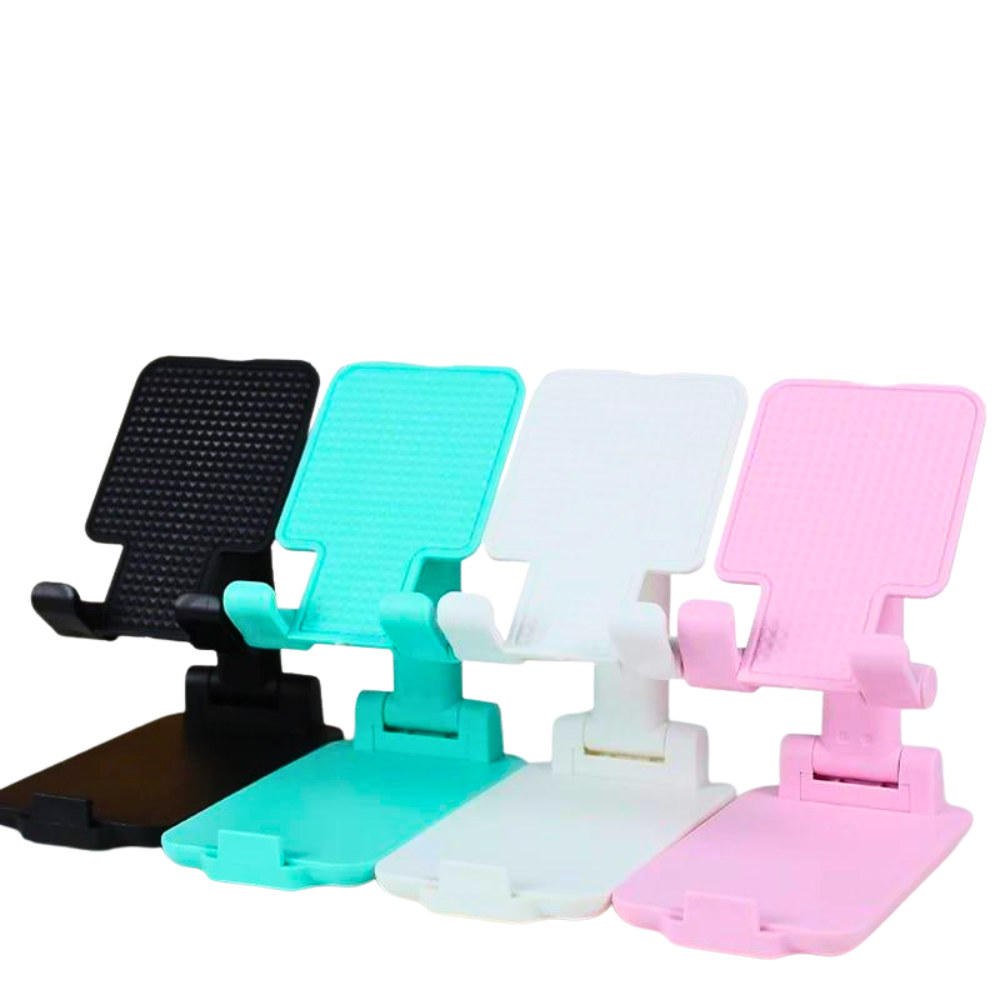 Four colorful phone holders in black, green, white, and pink